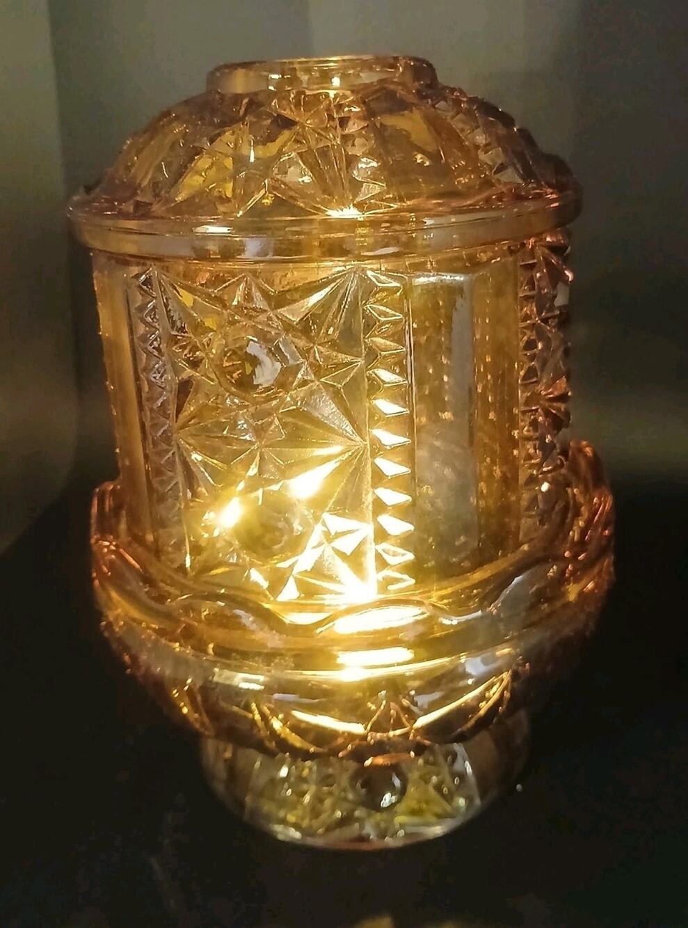 Vintage Indiana Glass Amber Stars and Bars Fairy Lamp MCM Candle Holder 2pc